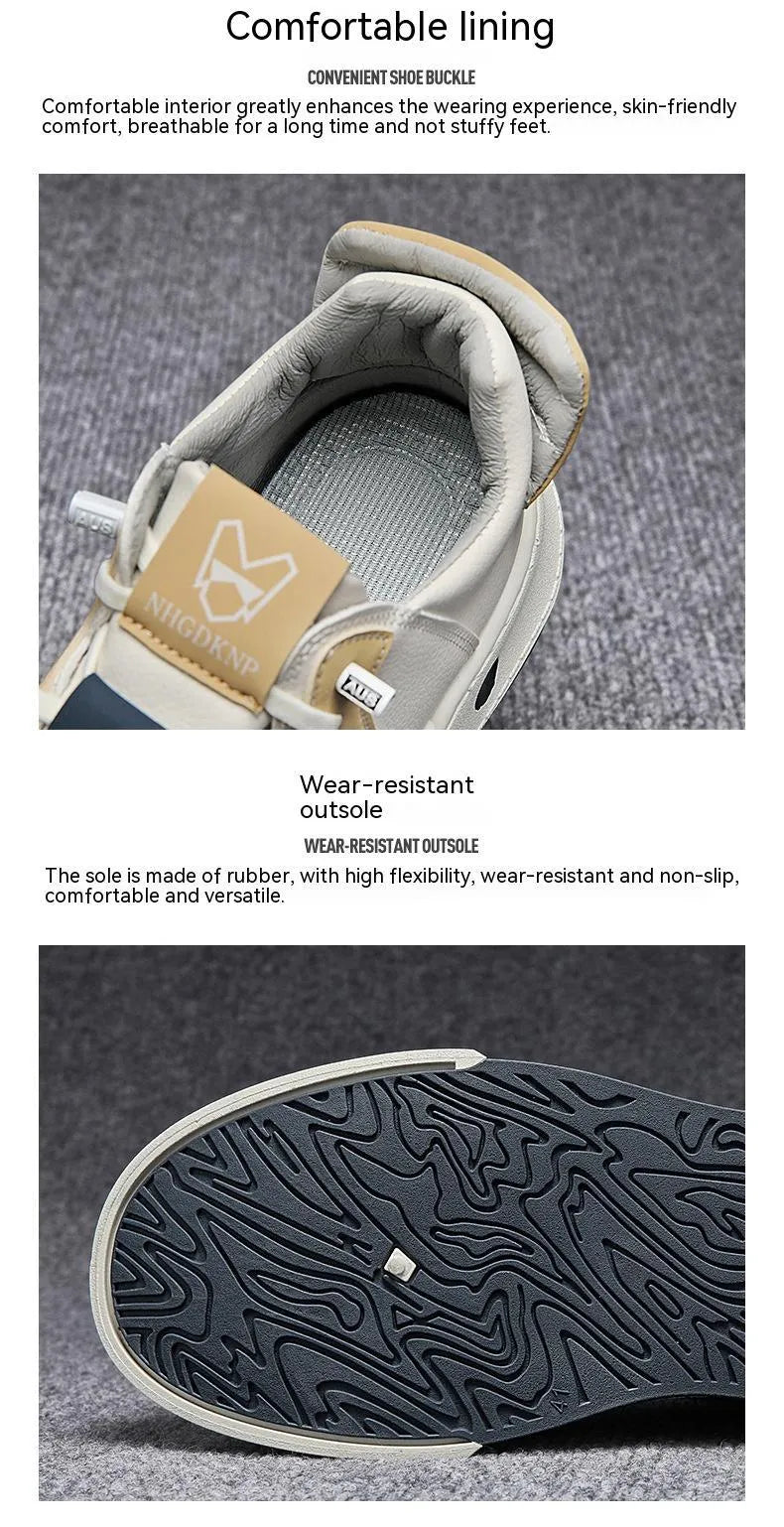 Men's beige low-top sneakers with elastic band closure and leather stitching on microfiber upper