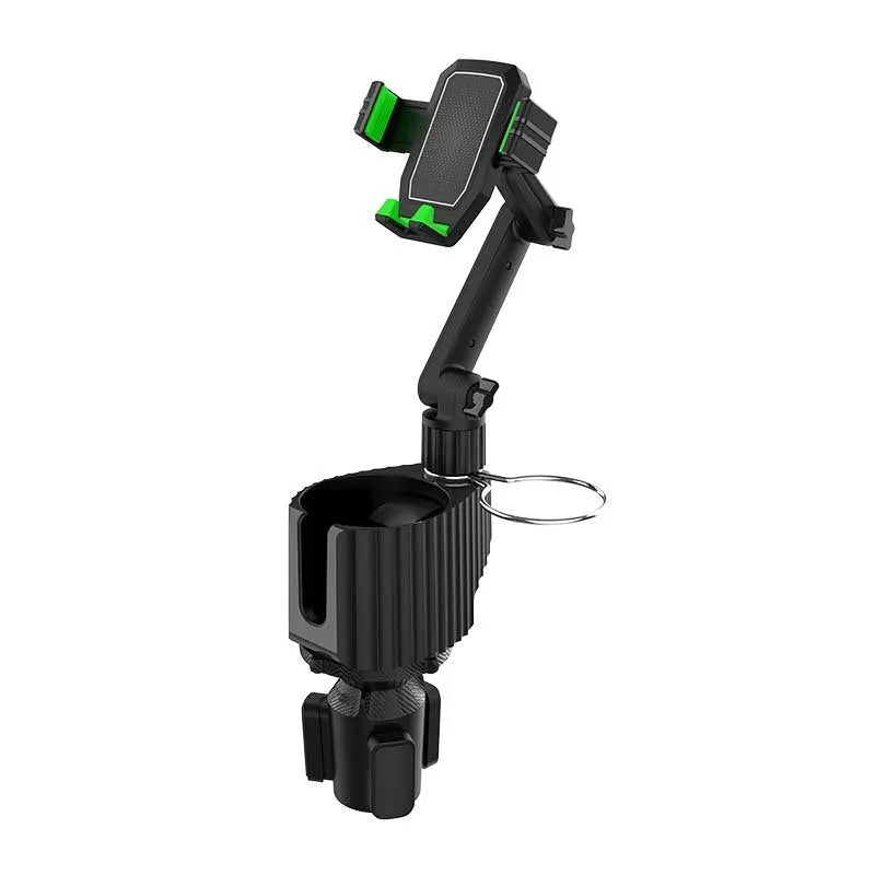 Green car kettle and mobile phone holder with drink rack showing compact 16.5×11×18.5cm dimensions
