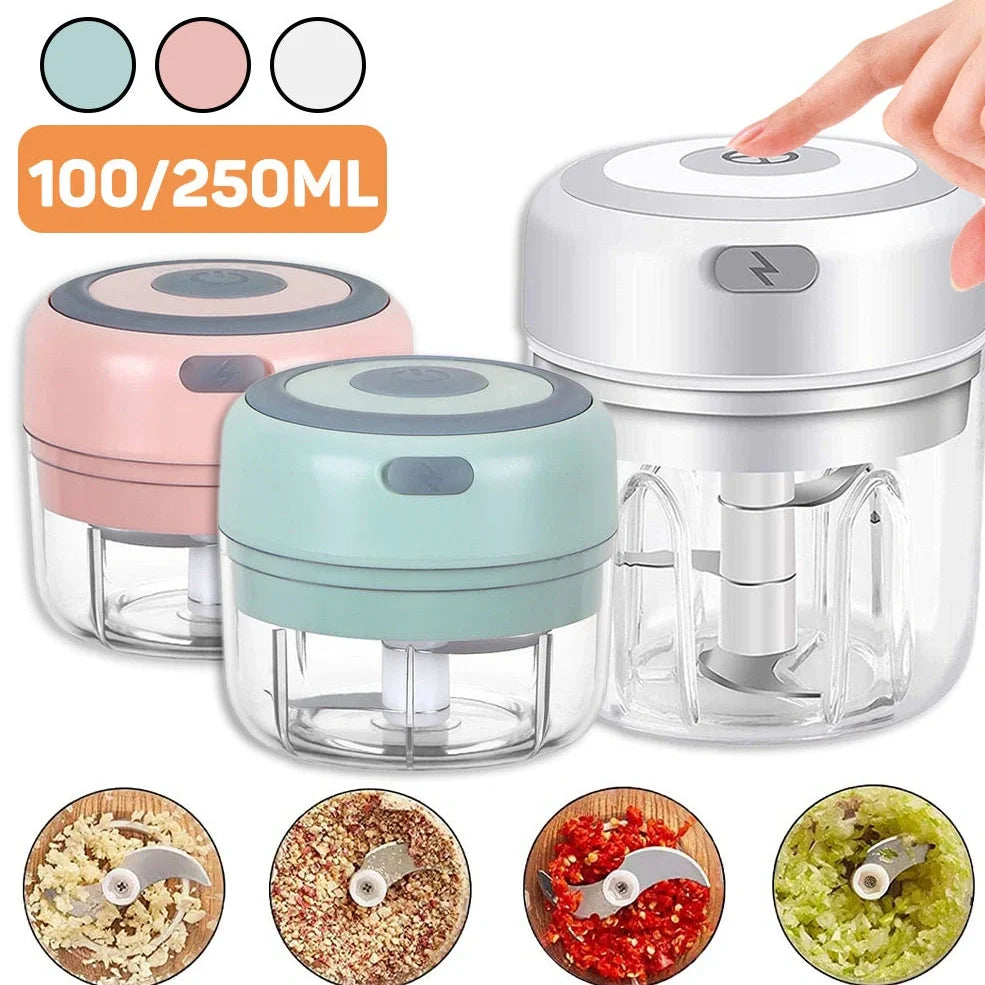 Mini electric garlic chopper with stainless steel blades in green, pink, or white with USB charging cable