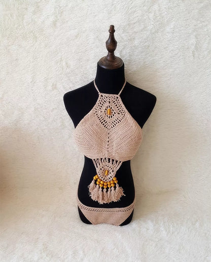 2021 Women's Crochet Tassel Bikini Set in Black, White, and Khaki