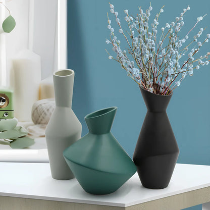 Nordic oblique mouth ceramic vase in black, 20cm height, geometric design for flower stems