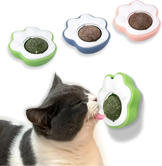Blue, green, and pink catnip balls with textured surface for dental chewing, shown next to a measuring tape indicating 45mm size.