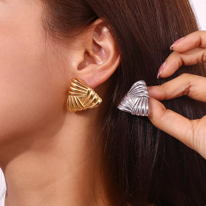 18K gold triangular stud earrings with retro design for women