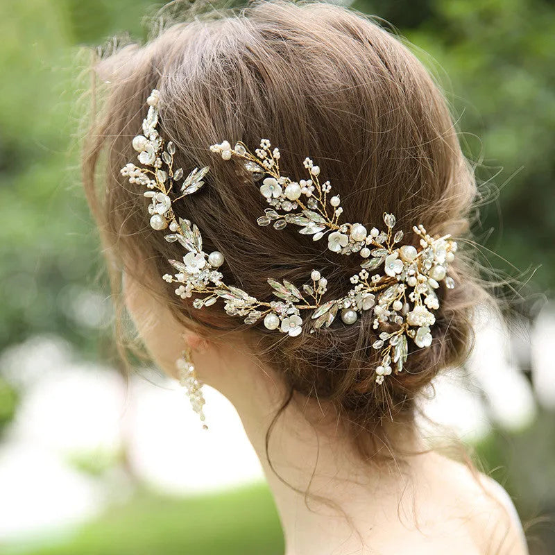Gold bridal hair clip 27 x 13cm and earrings 6.5 x 4cm with rhinestone crystal and imitation pearl