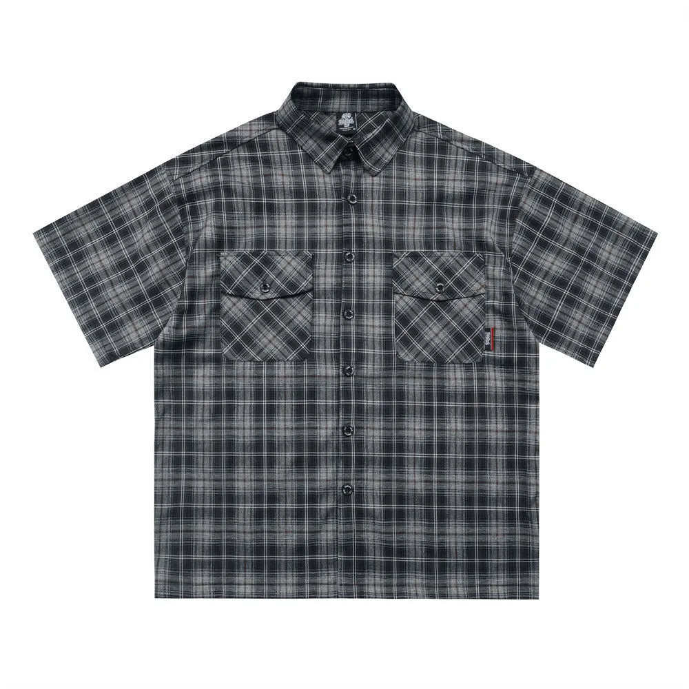 Men's black embroidered plaid short sleeve shirt with loose fit and lapel collar