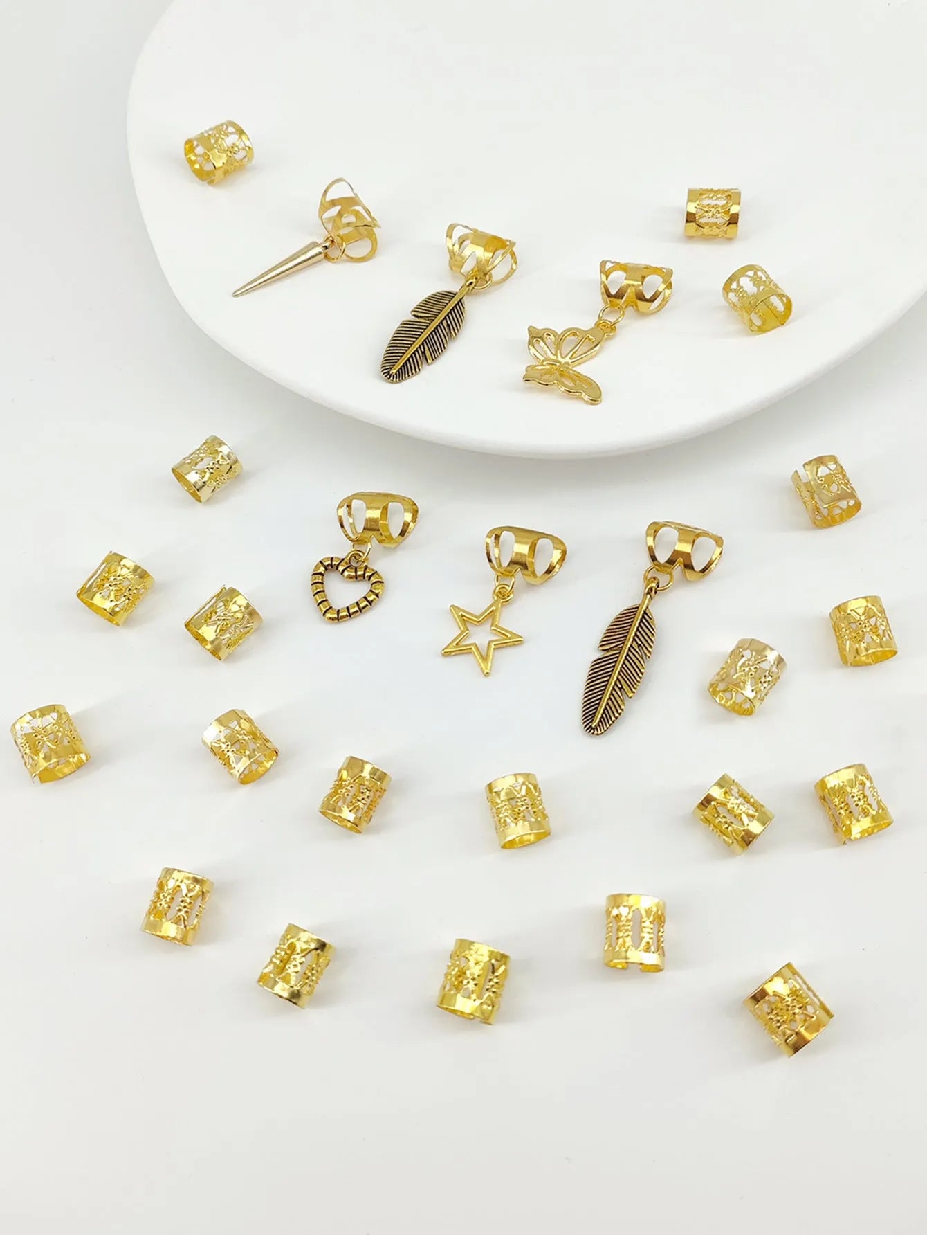 Antique style dirty braid hair rings in electroplated gold or silver alloy, 26-piece pack