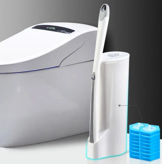 Disposable toilet cleaning brush with scrubbing pad for thorough, hygienic bathroom cleaning