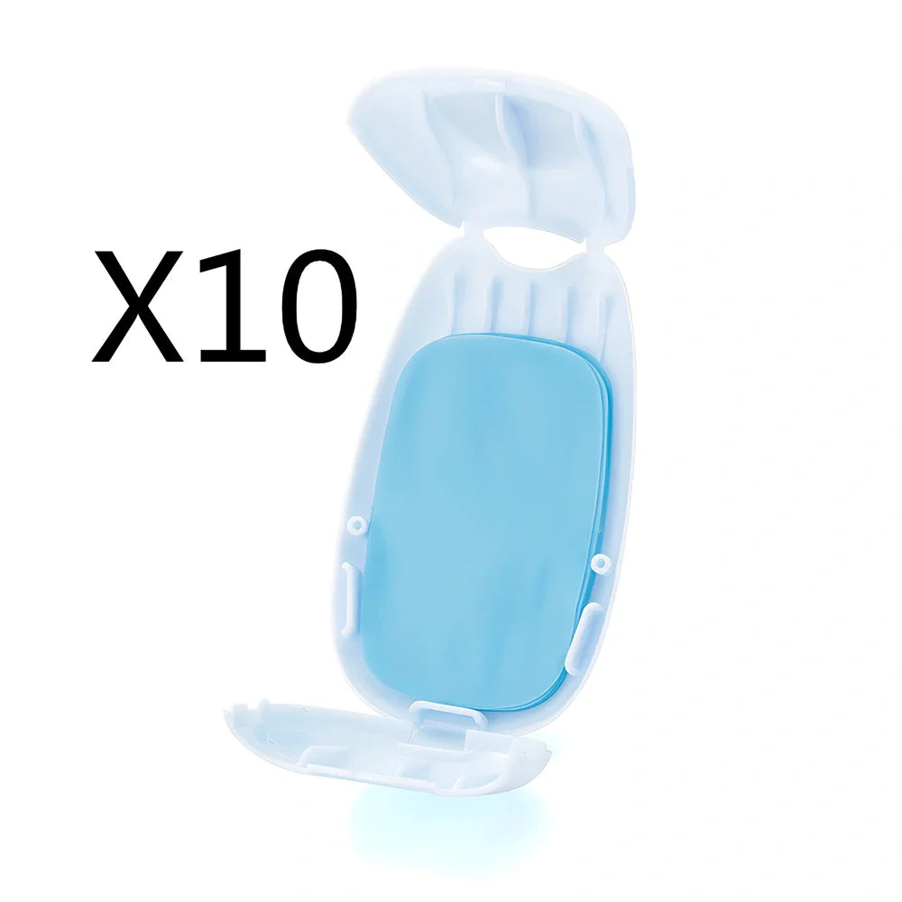 Pack of 50 pink biodegradable soap paper sheets, each 8x4.5cm, for portable hand cleaning on travels