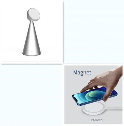 Magnetic phone stand for iPhone 12 and up, made of sleek aluminum alloy with 360-degree rotation for hands-free charging and viewing