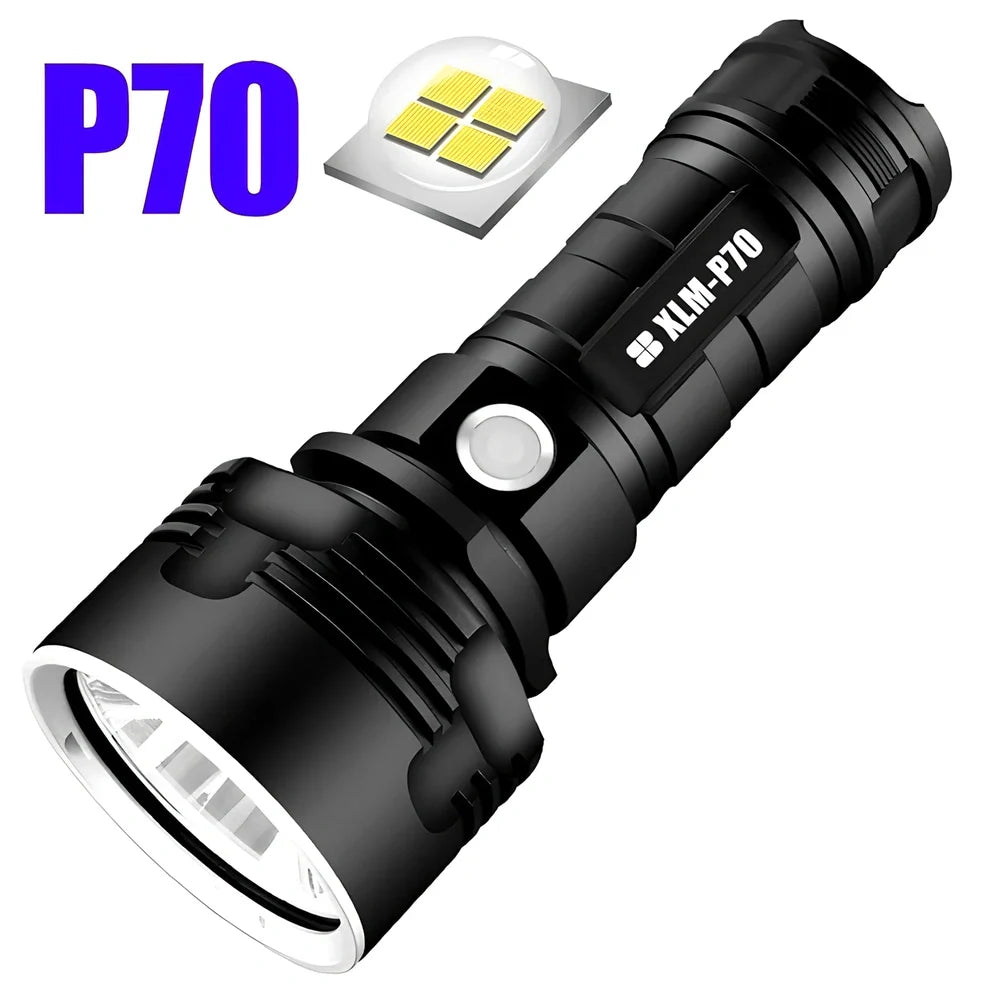 Aluminium alloy LED flashlight with 200-500m beam range and rechargeable battery system
