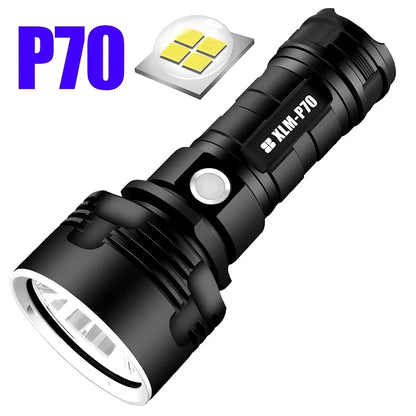 Aluminium alloy LED flashlight with 200-500m beam range and rechargeable battery system