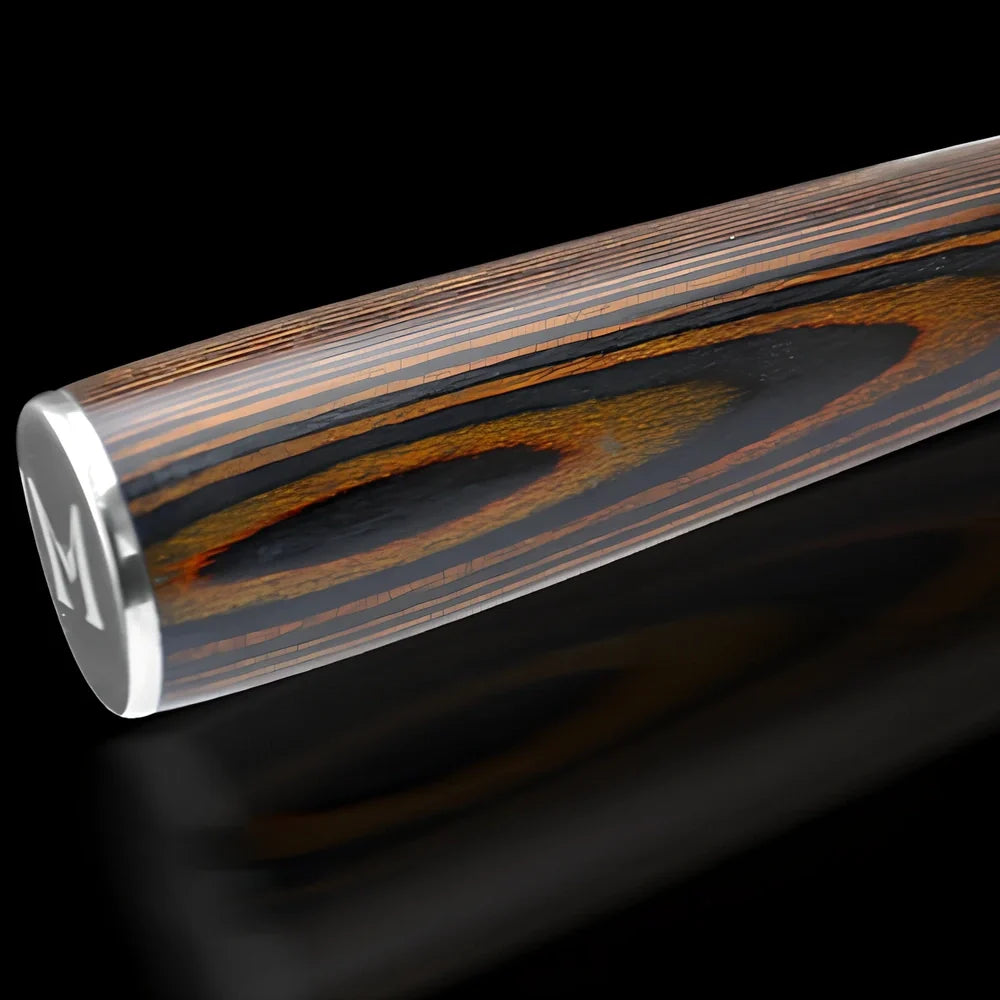 Six stainless steel kitchen knives with laser Damascus patterns on blades and wooden handles arranged with protective covers