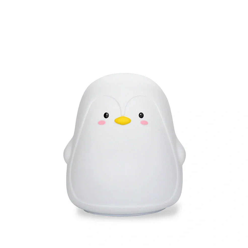 Penguin-shaped night light with soft white LED illumination and USB charging port