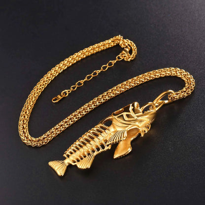 316L stainless steel fish bone necklace with gold plating, available in golden, steel color, and black