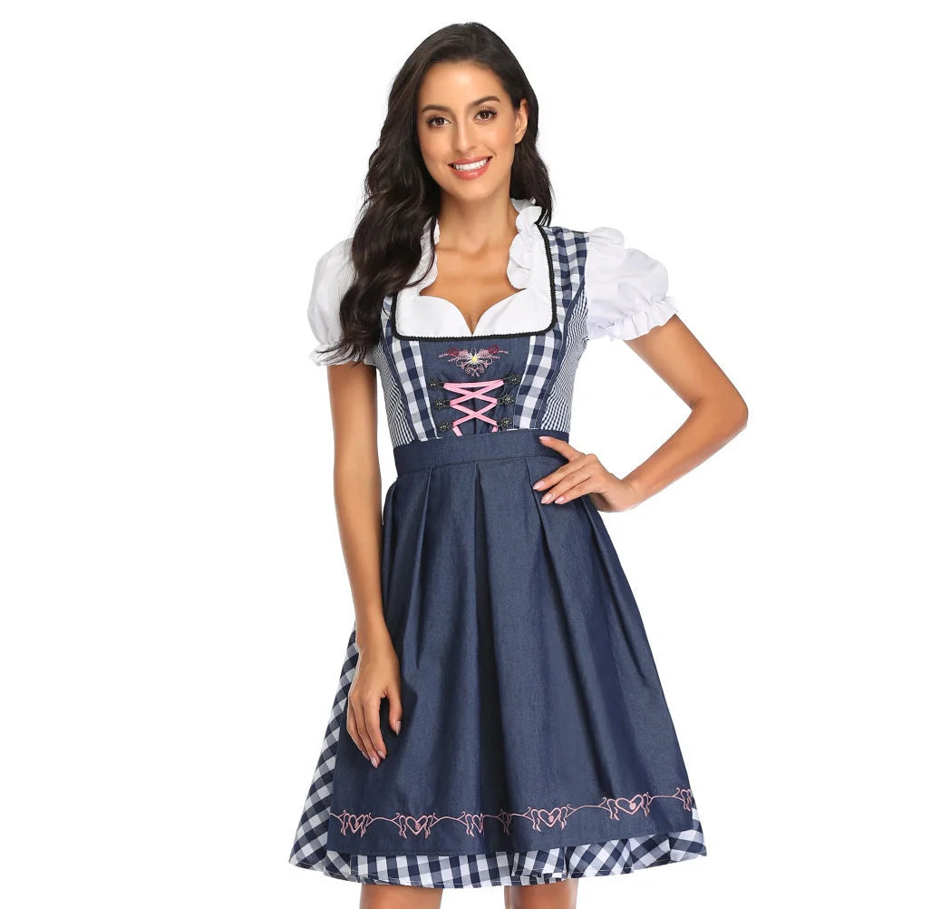 Authentic Oktoberfest dirndl dress with apron and ribbon in red denim, featuring traditional Bavarian-inspired design and comfortable polyester fabric