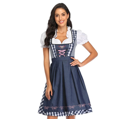 Authentic Oktoberfest dirndl dress with apron and ribbon in red denim, featuring traditional Bavarian-inspired design and comfortable polyester fabric
