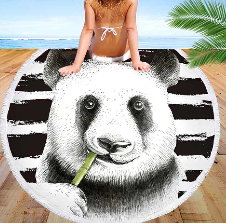 Round blue beach towel with panda design showing 140cm diameter and cushion roll function