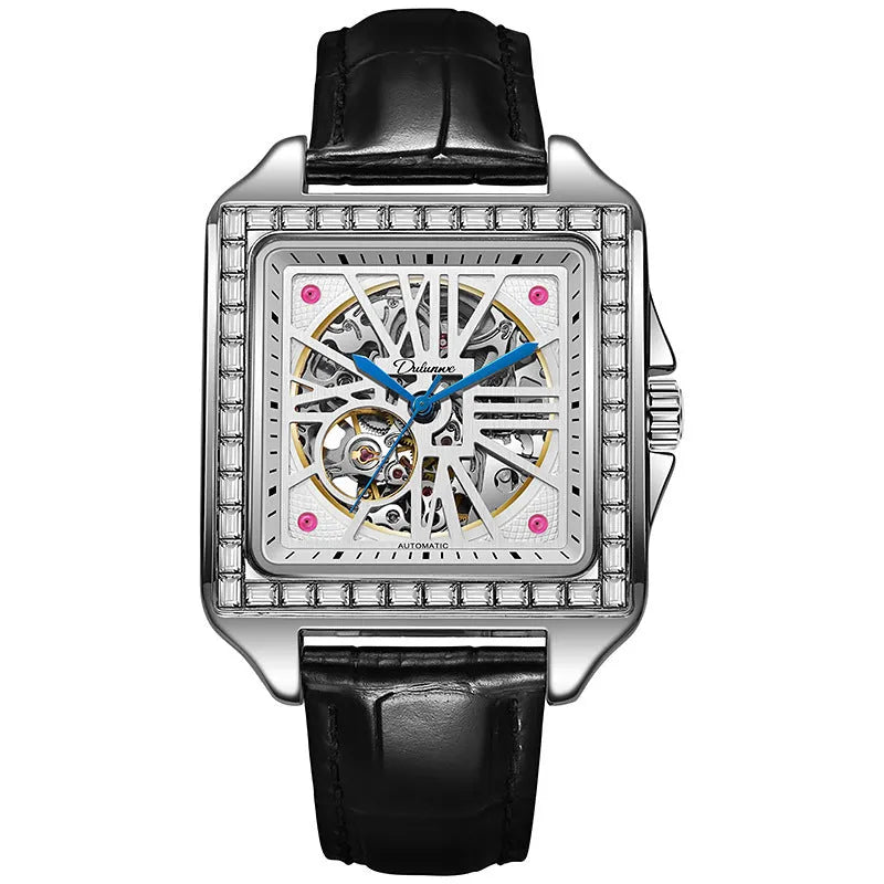 Square automatic watch with diamond-studded design on 6066A stainless steel belt for men's business wear