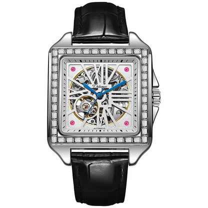 Square automatic watch with diamond-studded design on 6066A stainless steel belt for men's business wear