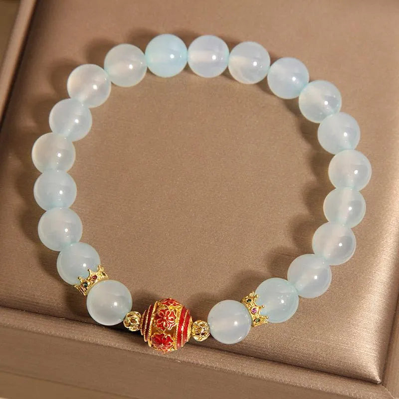 Agate crystal bracelet with colourful lucky bead design for women, Japanese Korean style blue agate flange ball adjustable length charm bracelet for New Year or everyday wear.