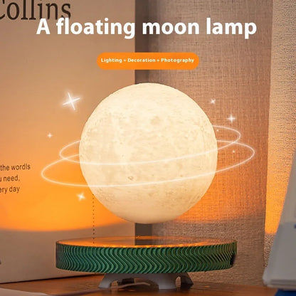 Magnetic suspension moon lamp floating above base with 3D-printed celestial design and soft LED illumination