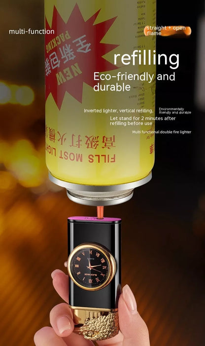 Eagle Head Double Fire Gas Lighter with watch plate design in Black Ice finish