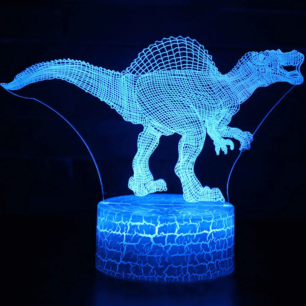 Dinosaur series colourful 3D night light with acrylic panel on ABS base, showing remote control.