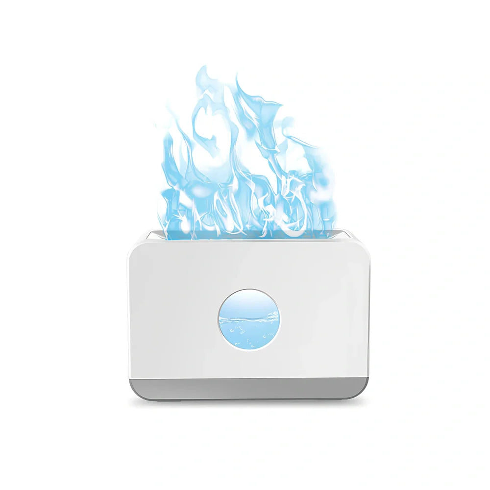 Square two-colour flame aromatherapy humidifier showing mist output and LED lighting effects