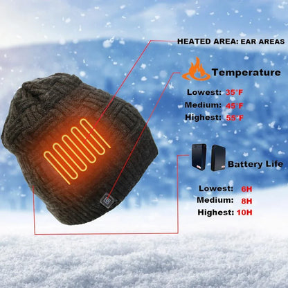USB rechargeable heated fleece hat with adjustable temperature settings for outdoor activities like hiking, climbing, and fishing