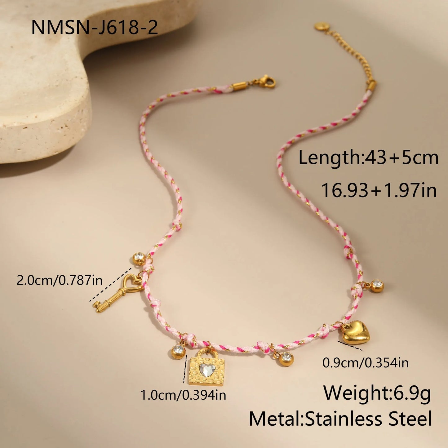 Handmade braided rope titanium steel necklace and bracelet with heart pendant on 18K gold plated chain.