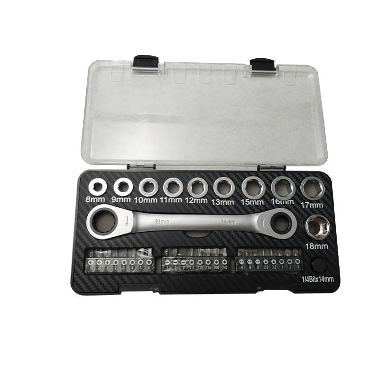 Double-ended ratchet wrench set with sockets and screwdriver bits laid out