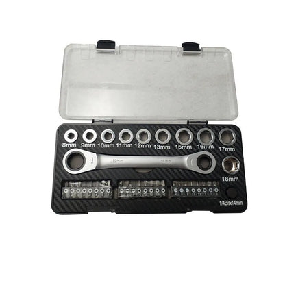 Double-ended ratchet wrench set with sockets and screwdriver bits laid out