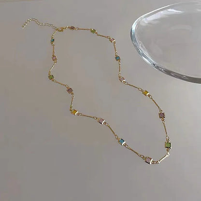 Square colour geometric clavicle chain necklace with artificial crystal pendant