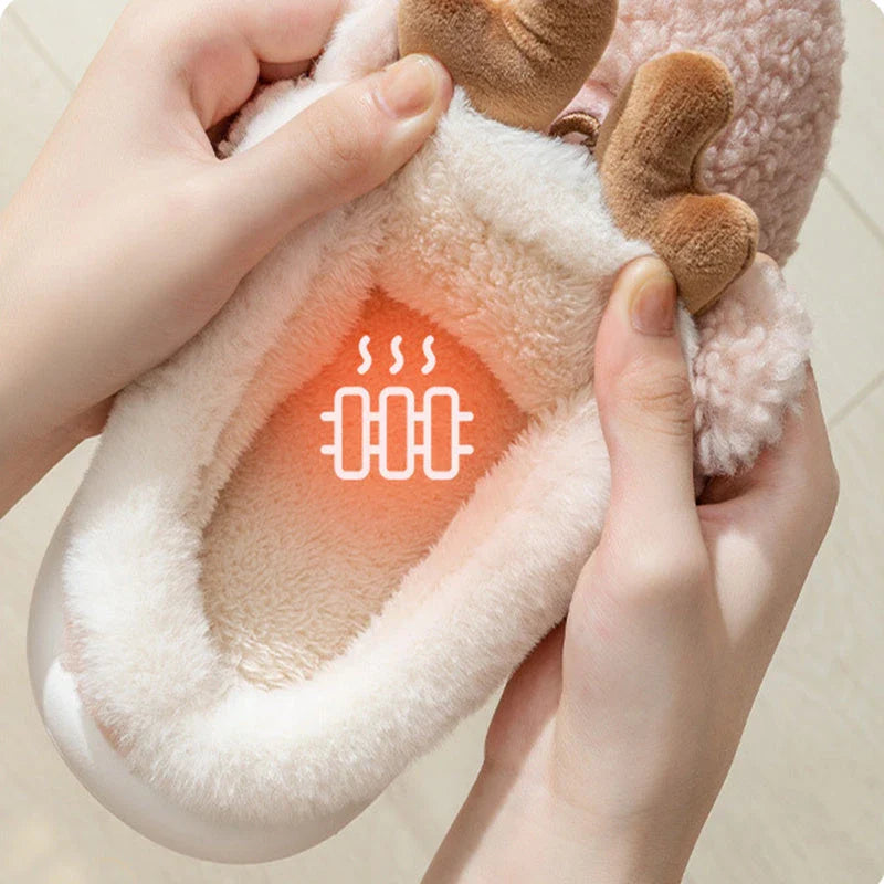 Cozy elk-themed slippers with plush suede uppers and supportive EVA soles in a variety of dreamy colors