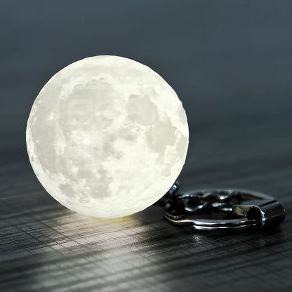 Spherical moon lamp keychain with colour changing LEDs, 6cm diameter with hanging loop