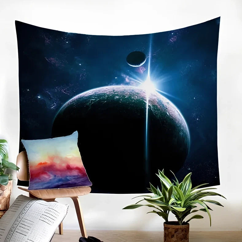 Plush polyester tapestry hung as wall decoration showing textured surface and dimensions of 150x100cm