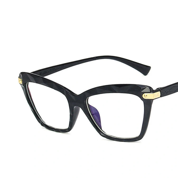 Anti-Blue Light Cat-Eye Glasses with Multi-Faceted Design in Transparent, Black, and Grey Colors