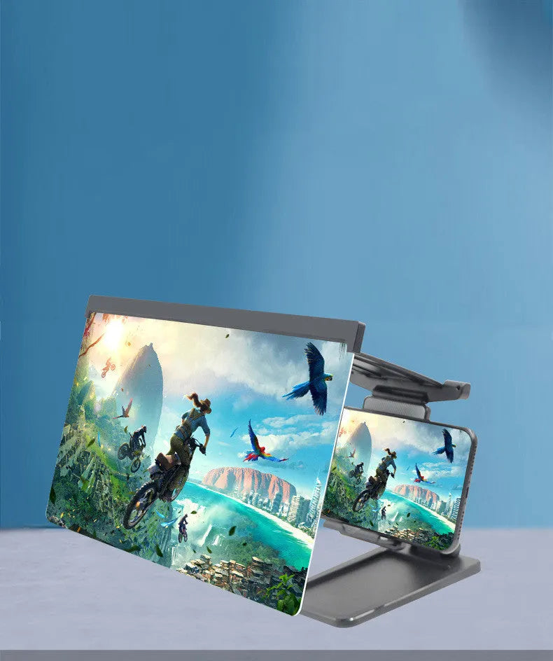 Black mobile phone screen amplifier with detachable holder, magnifying to 12 inches, folded for portability