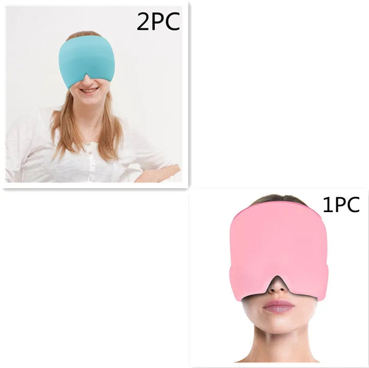 Black elastic cooling gel eye mask for headache relief placed on a forehead.