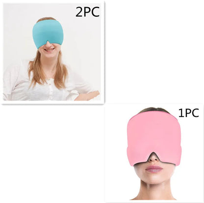 Black elastic gel headache relief mask laid flat showing eye contours and adjustable headband.