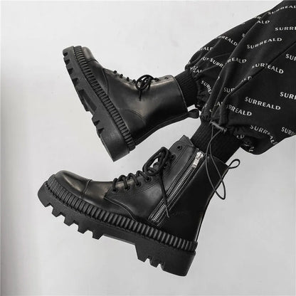 Men's black platform Doc Martens boots with zipper, high top 8-hole design, and frosted cowhide leather