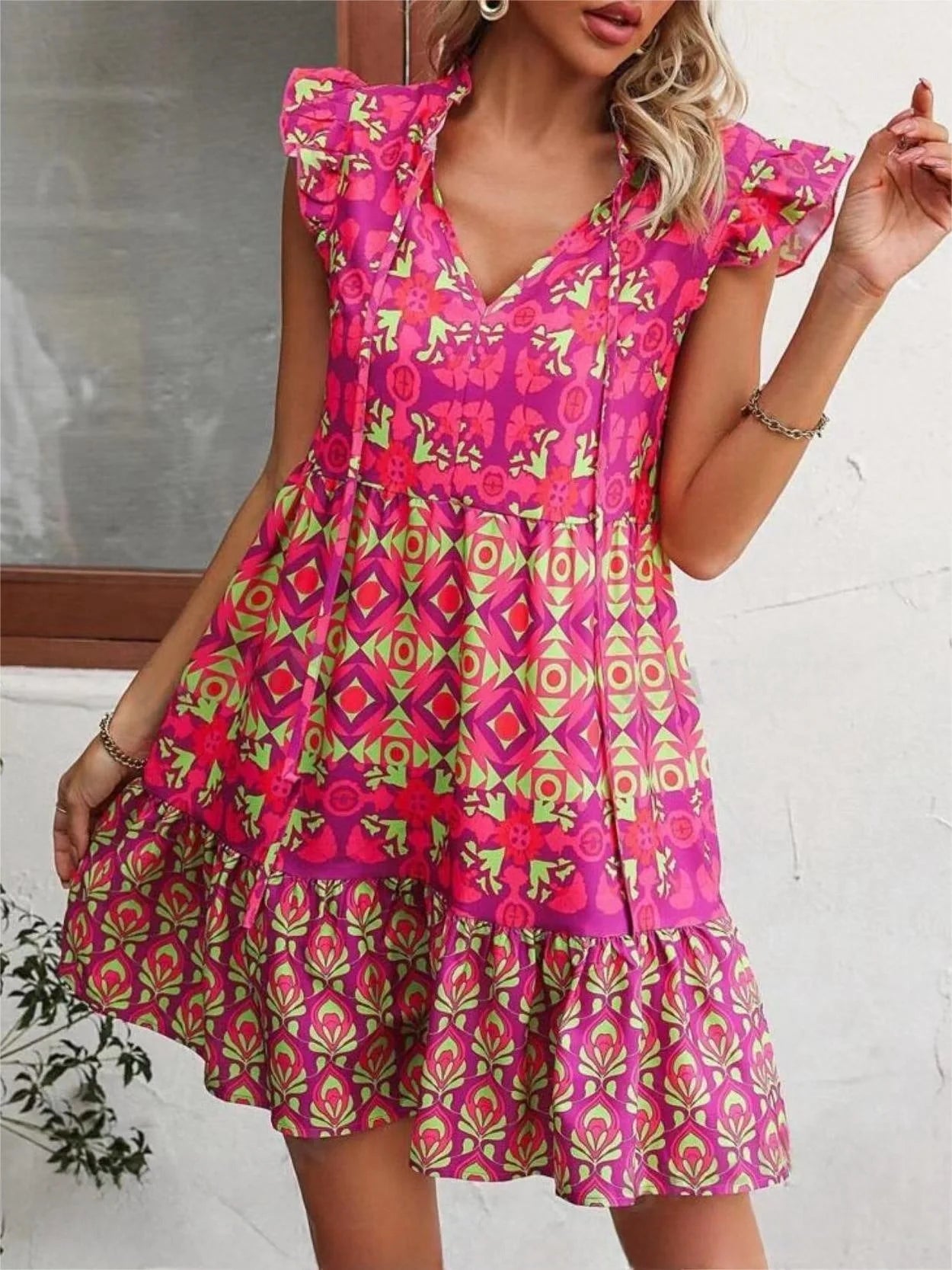 Printed sleeveless V-neck lace-up summer dress in rose red