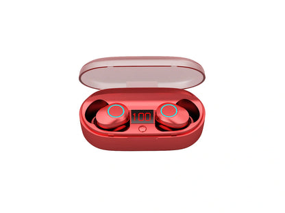 J29Tws Bluetooth headset in red, blue, black, and white with digital display