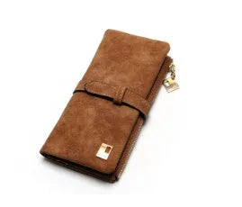 Korean-style retro matte leather long wallet in army green with zip closure and multiple interior card slots