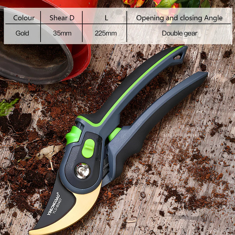Professional metal garden shears with polished blades and ergonomic handles for branch pruning