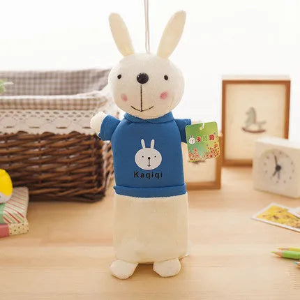 Rabbit pencil case large capacity storage stationery box with 30cm by 14cm dimensions and 7 colour options including blue green navy orange pink red rose red yellow made from short plush fabric and PP cotton filling
