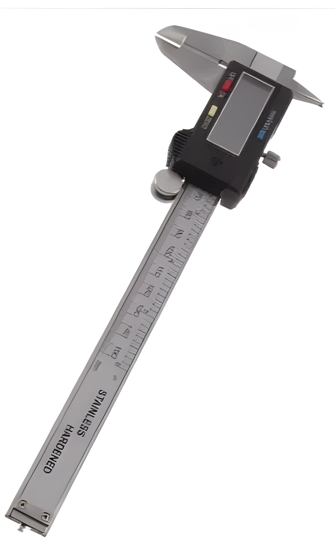 Silver stainless steel digital vernier caliper 0-150mm with large LCD, IP54 waterproof and oil proof, metric and imperial conversion.