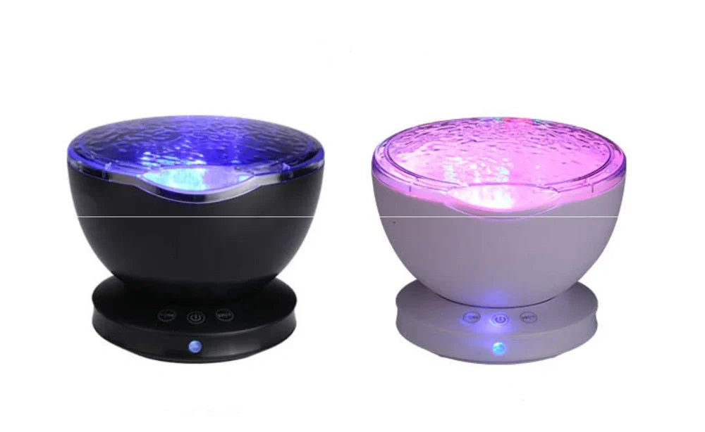 White and blue ocean wave projector measuring 13x12x12 cm with remote control