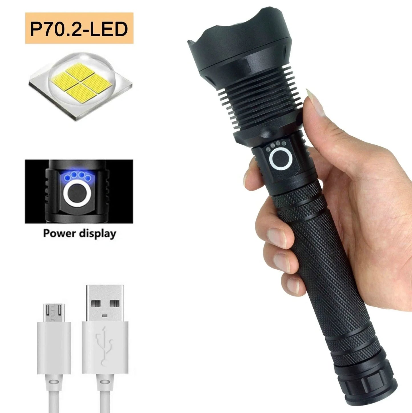 Black aluminium USB rechargeable flashlight with telescopic zoom, showing extended and retracted positions