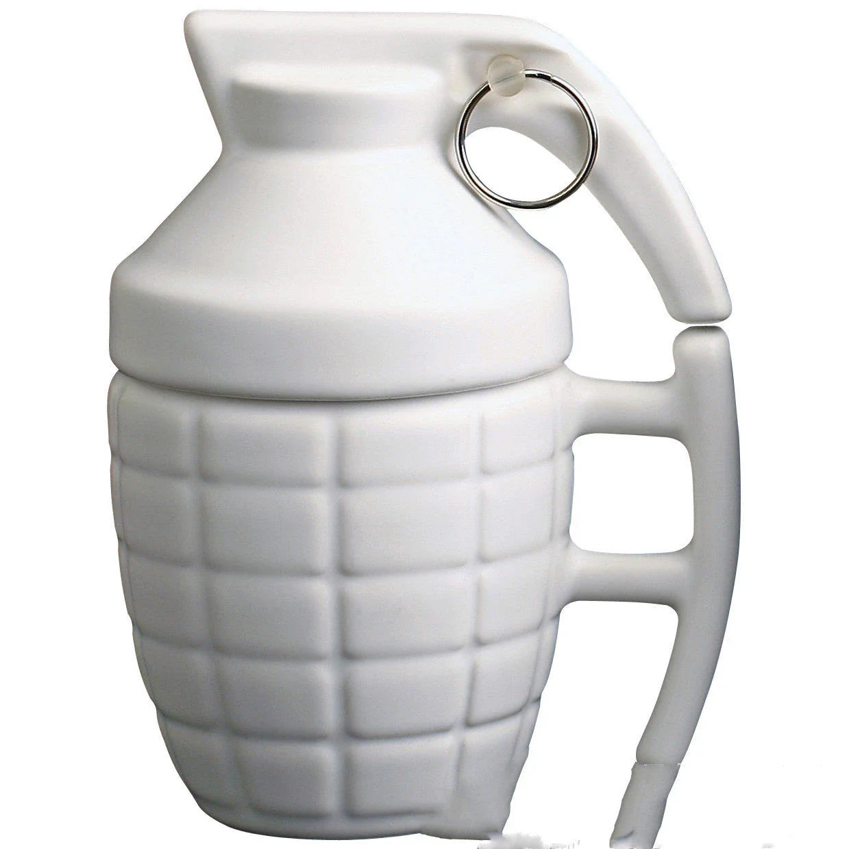 A white or black ceramic coffee mug with a grenade-inspired design and a secure lid for on-the-go convenience.